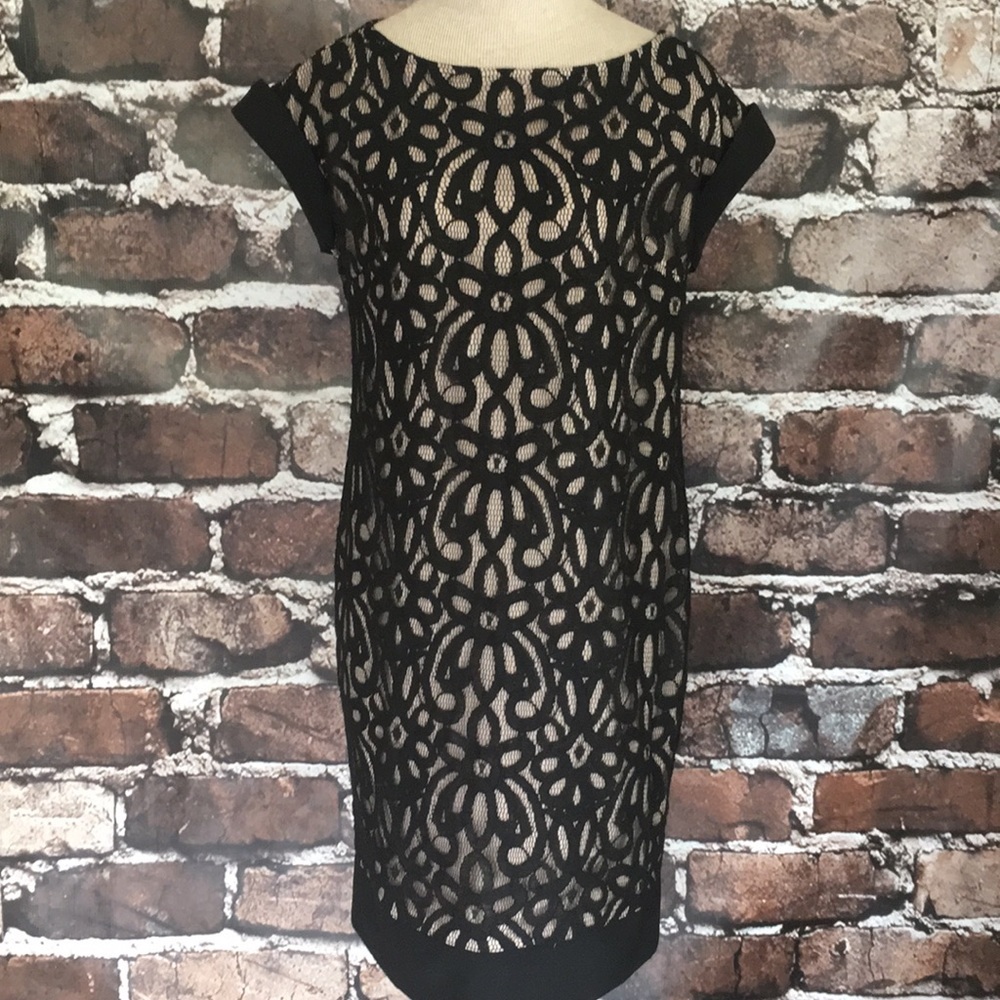 Coldwater Creek 8 Dress Black Tan Lace Sheath Midi Sheath Short Sleeve
